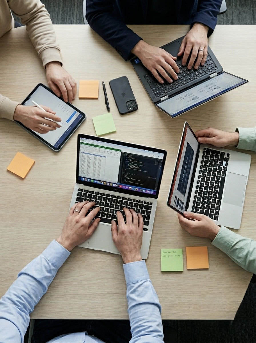 Overhead view of a team workshop with laptops and sticky notes