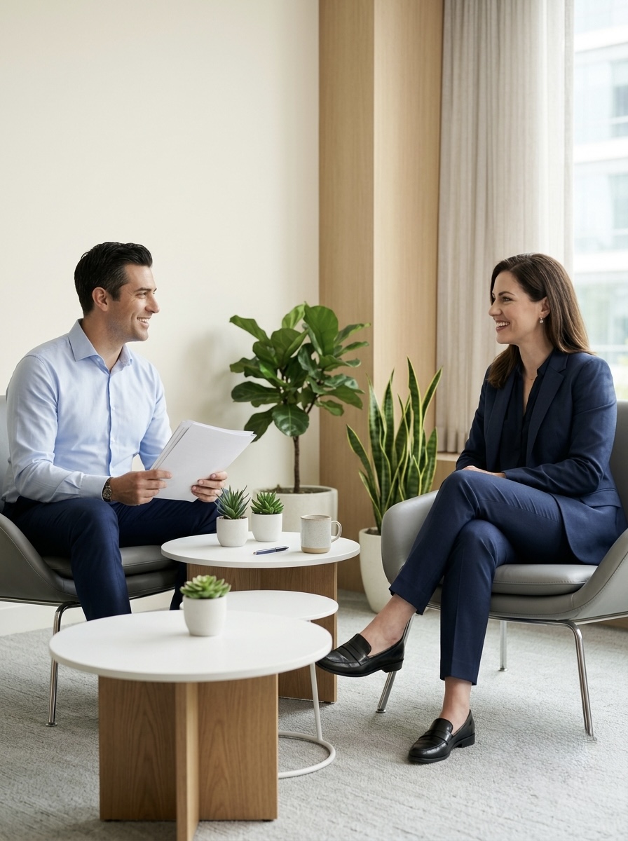 Two executives in conversation in a modern lounge