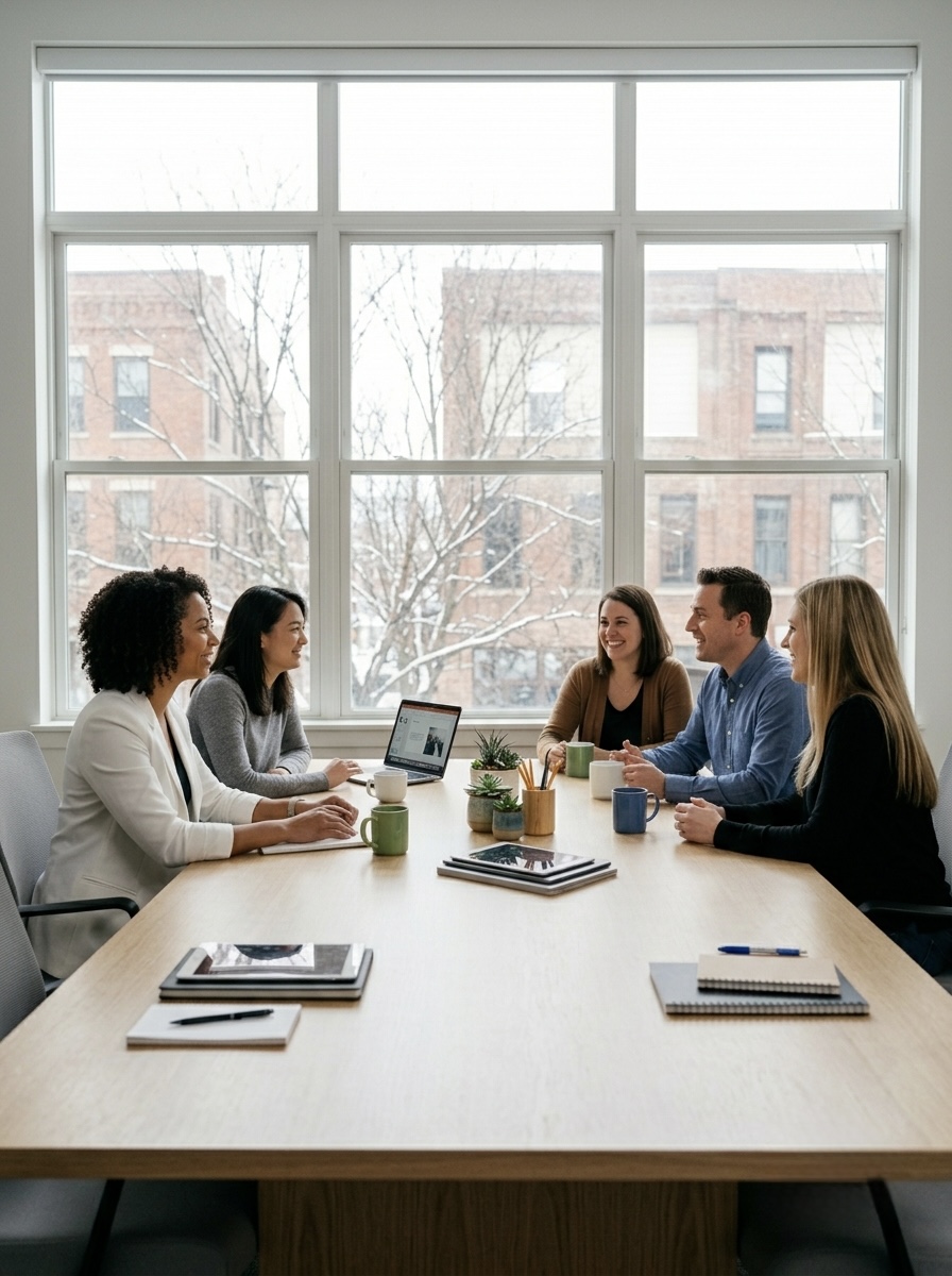 Cross-functional team collaborating in a bright meeting room