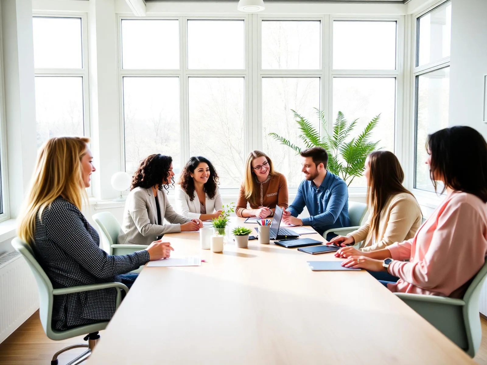 Cross-functional team collaborating in a bright meeting room