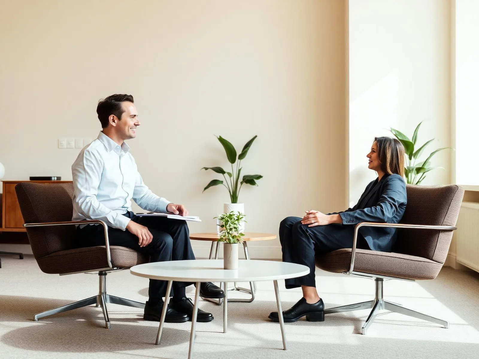 Two executives in conversation in a modern lounge